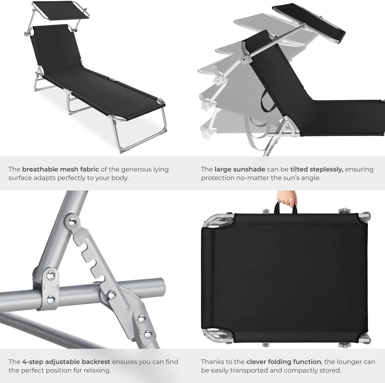 Folding Sun Lounger with Canopy Adjustable Backrest Black