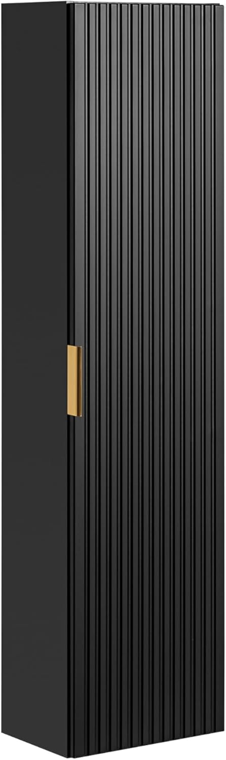 Luxury Wall Hung Tall Bathroom Cabinet Ribbed Black Gold