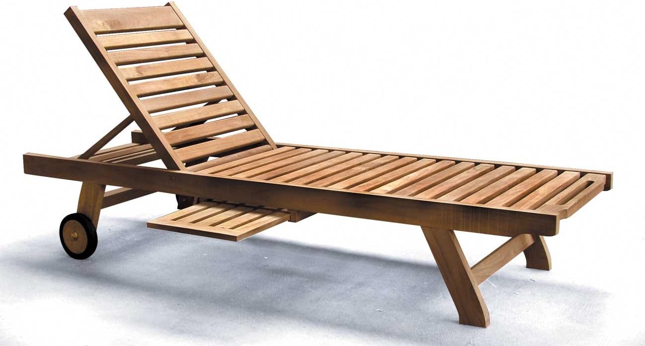 Teak Wooden Sun Lounger Recliner with Cushion Tray Wheels