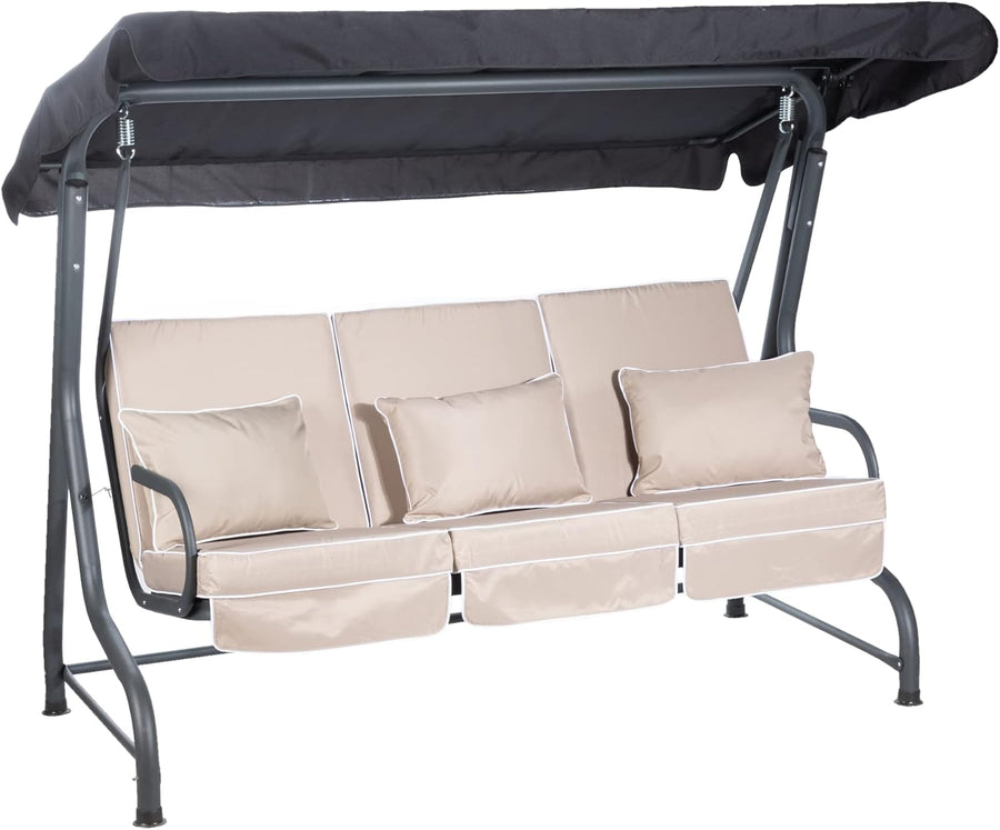 3 Seater Garden Swing Seat Taupe Canopy Cushions Heavy Duty 250kg