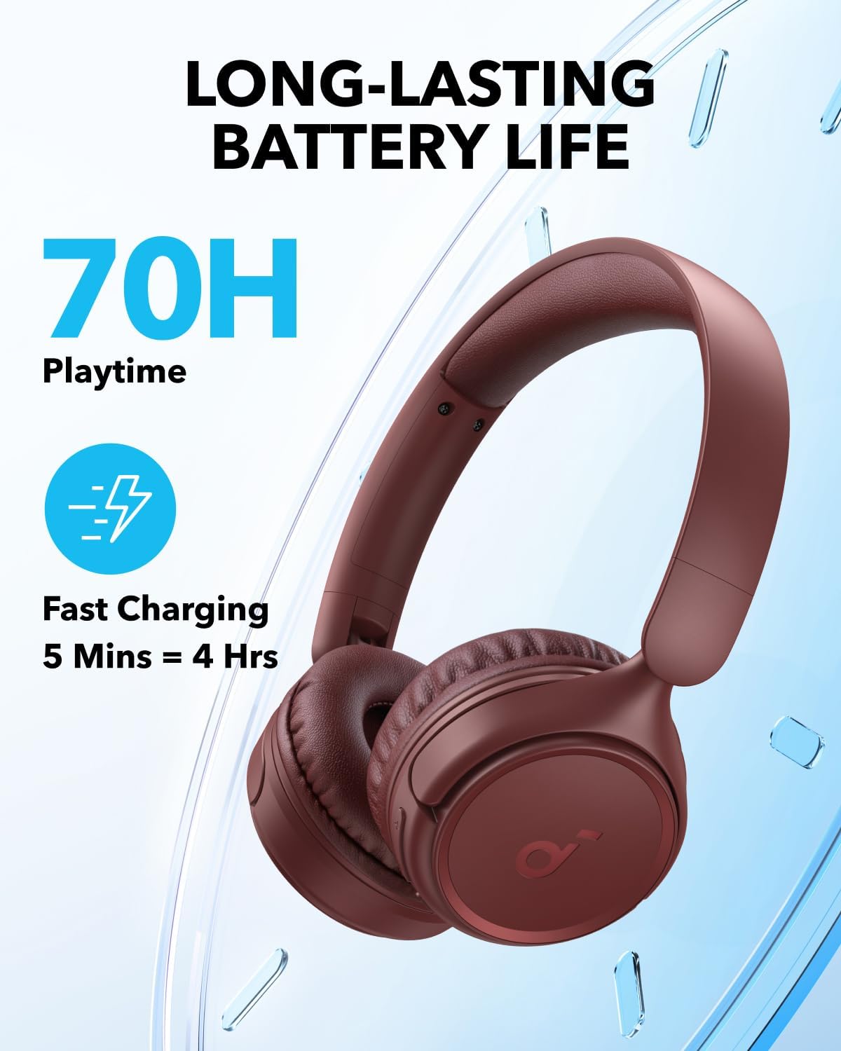 Wireless On Ear Bluetooth Headphones Pure Bass 70H Playtime Foldable Red