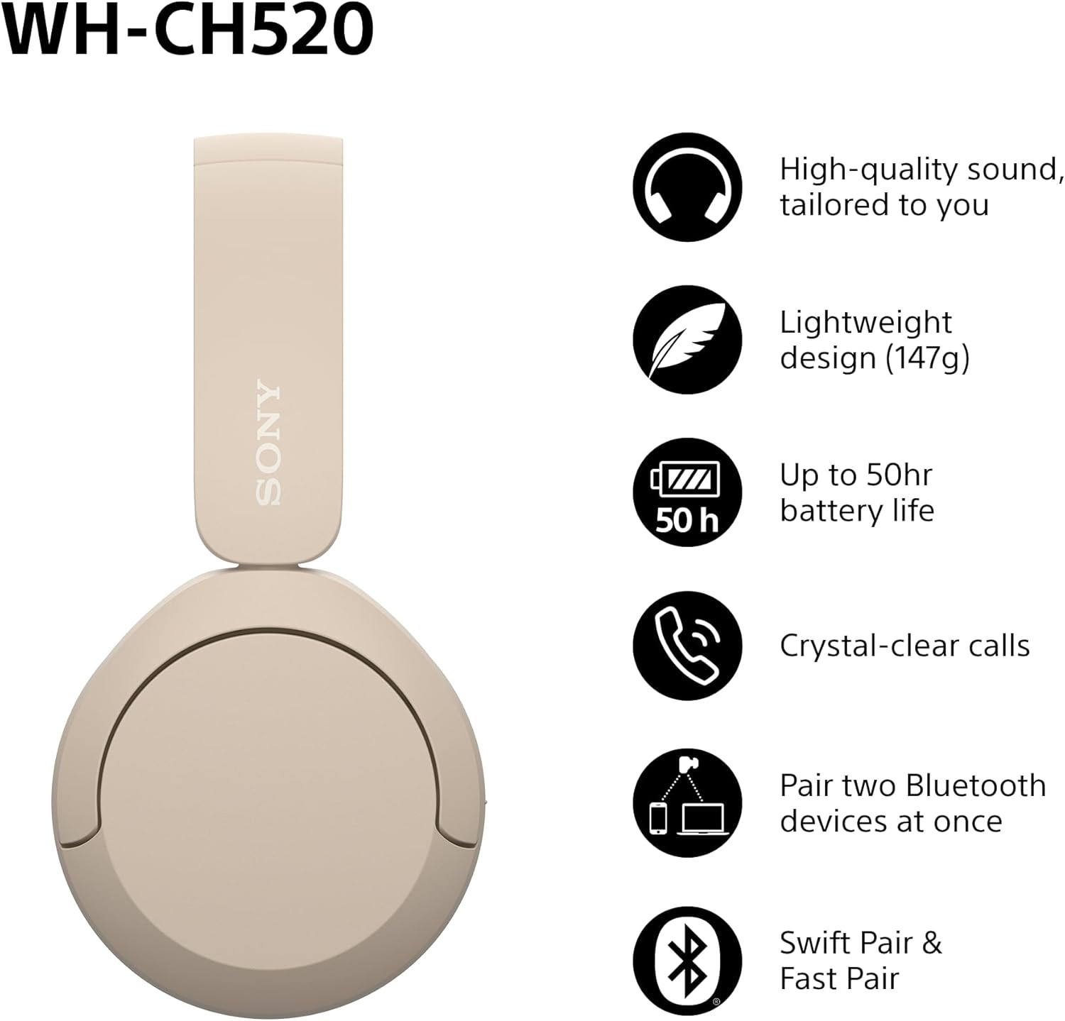 Beige Bluetooth On Ear Headphones 50H Battery Lightweight