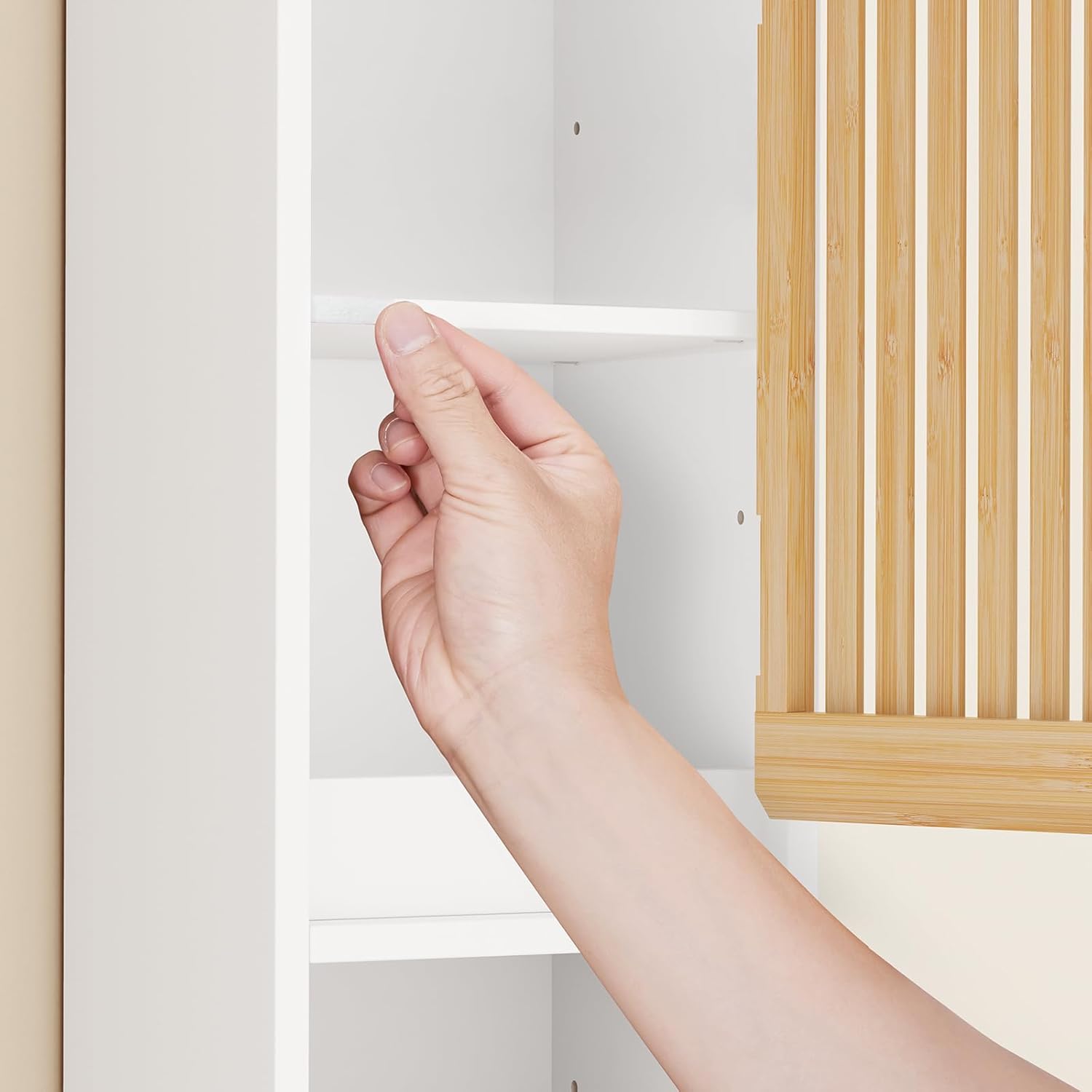 Slim Tall Bathroom Cabinet Bamboo Doors White 20cm 180cm