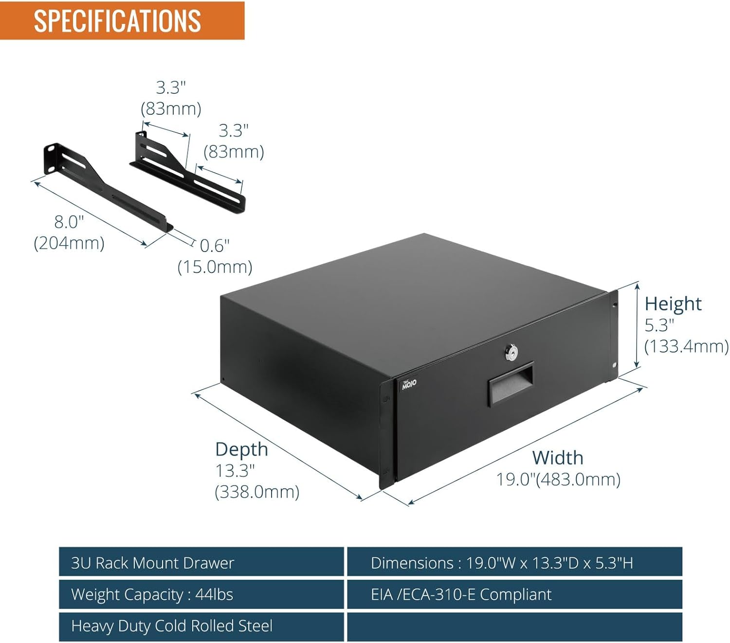 3U 19in Lockable Rack Drawer Steel Cabinet Mount