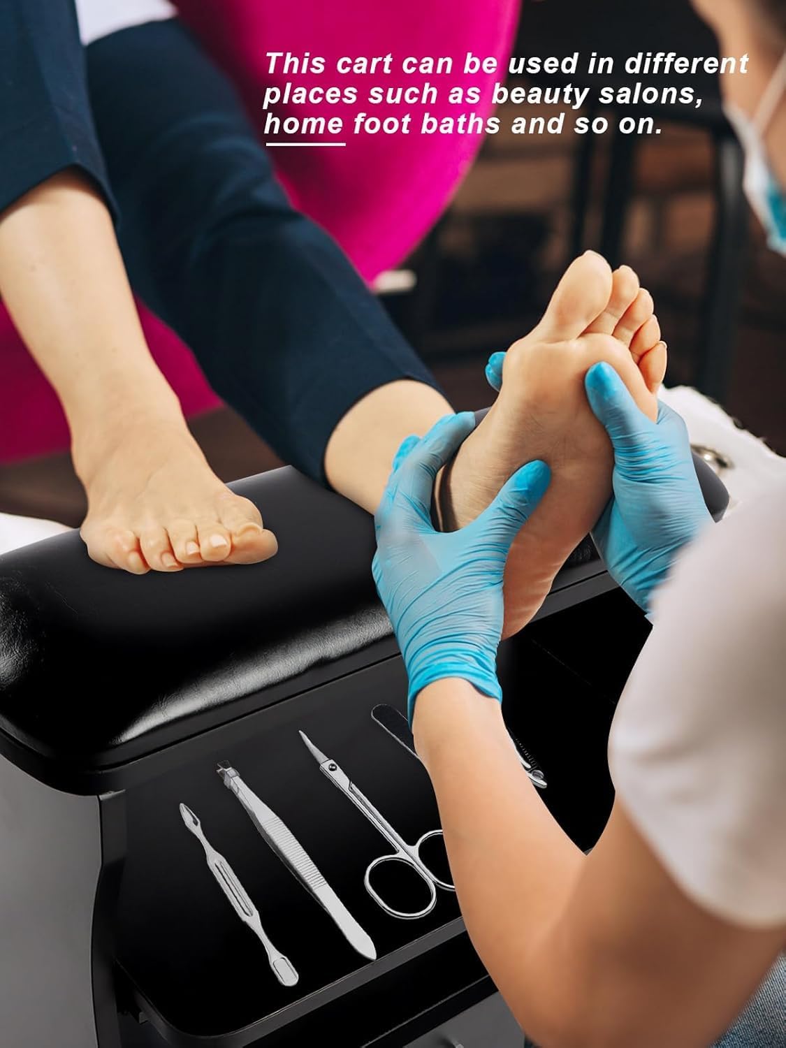 Pedicure Foot Rest with Wheels PU Leather Nail Stool Trolley