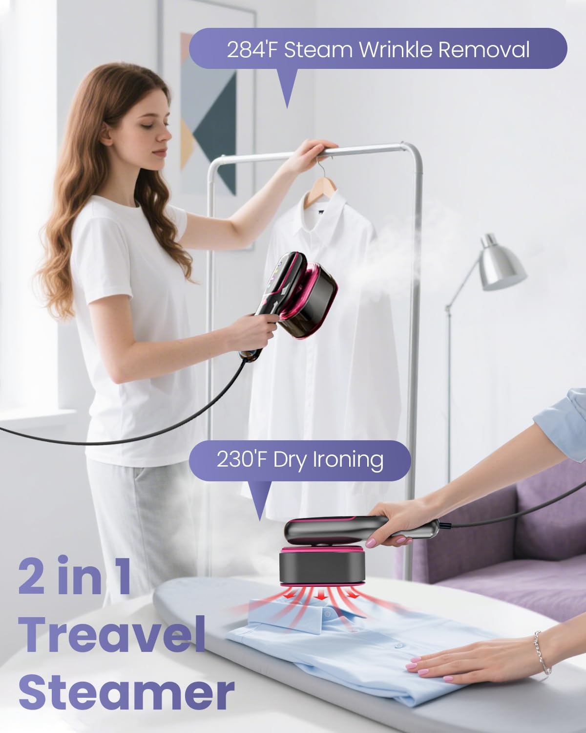 Travel Clothes Steamer 2 in 1 Steam Iron Fast Heat 5 Modes LED
