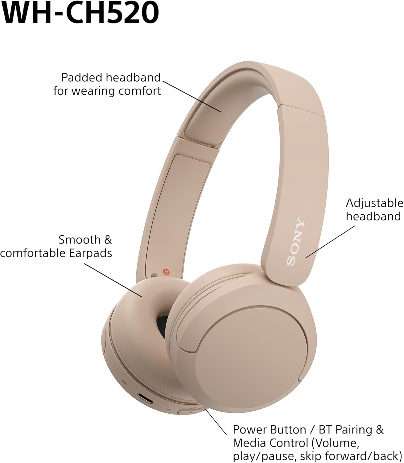 Beige Bluetooth On Ear Headphones 50H Battery Lightweight