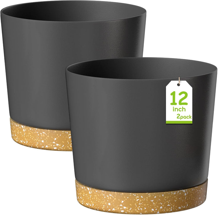 30cm Plant Pots Set 2 Dark Grey Planters Drainage Saucer