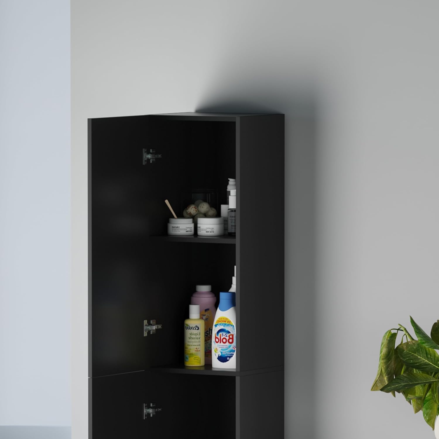 Tall High Gloss Storage Cabinet Black 4 Shelf Cupboard