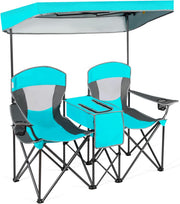 Double Camping Chair with Canopy Cooler Bag Cup Holders