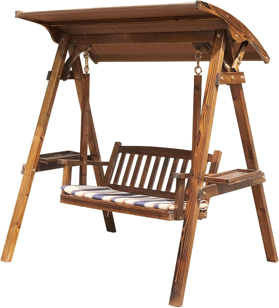 Solid Teak Wood Swing Bench Canopy Side Tables Brown