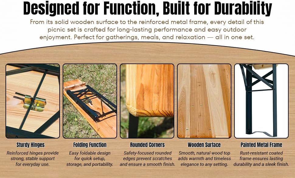 Folding Wooden Picnic Table & Bench Set Portable Beer Garden Set