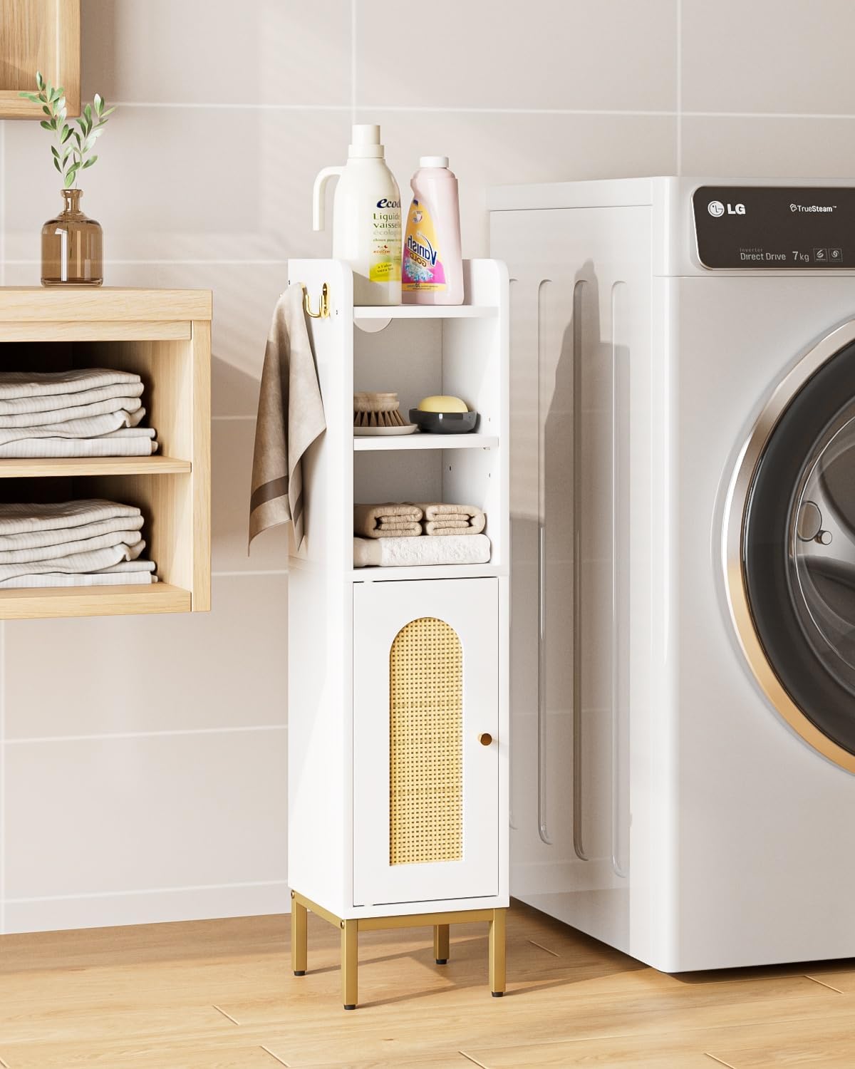 Slim Tall Bathroom Storage Cabinet Waterproof White Rattan Unit