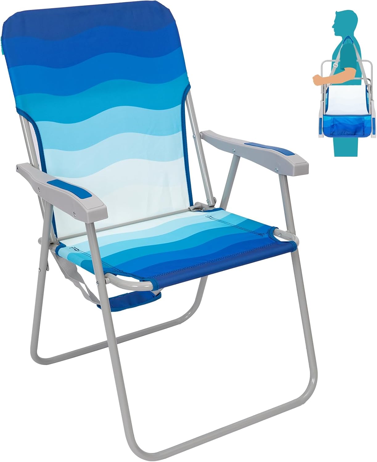 Folding Beach Chair High Back Wide Seat Dark Blue