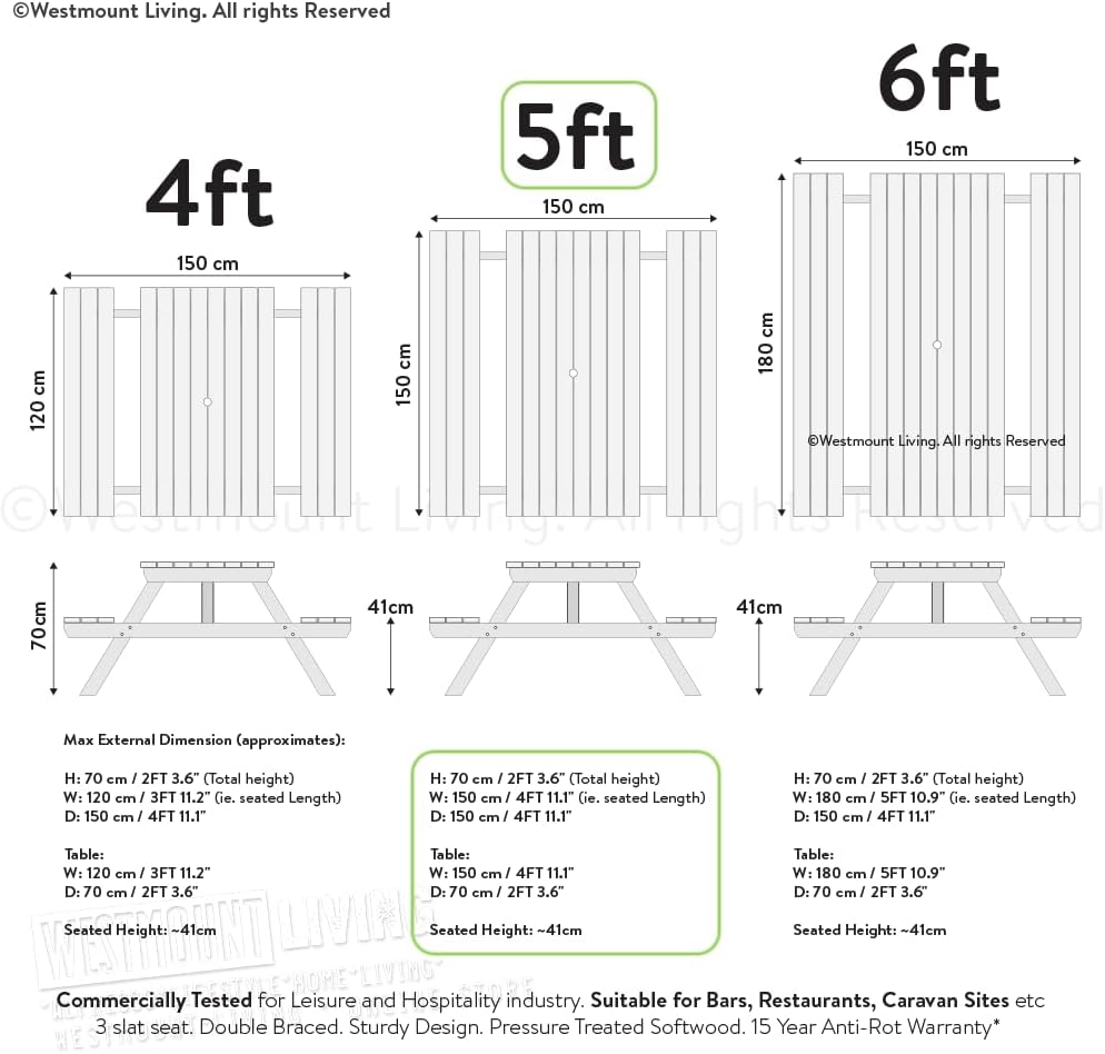 5ft Wooden Picnic Table 6 Seater Garden Pub Style Bench