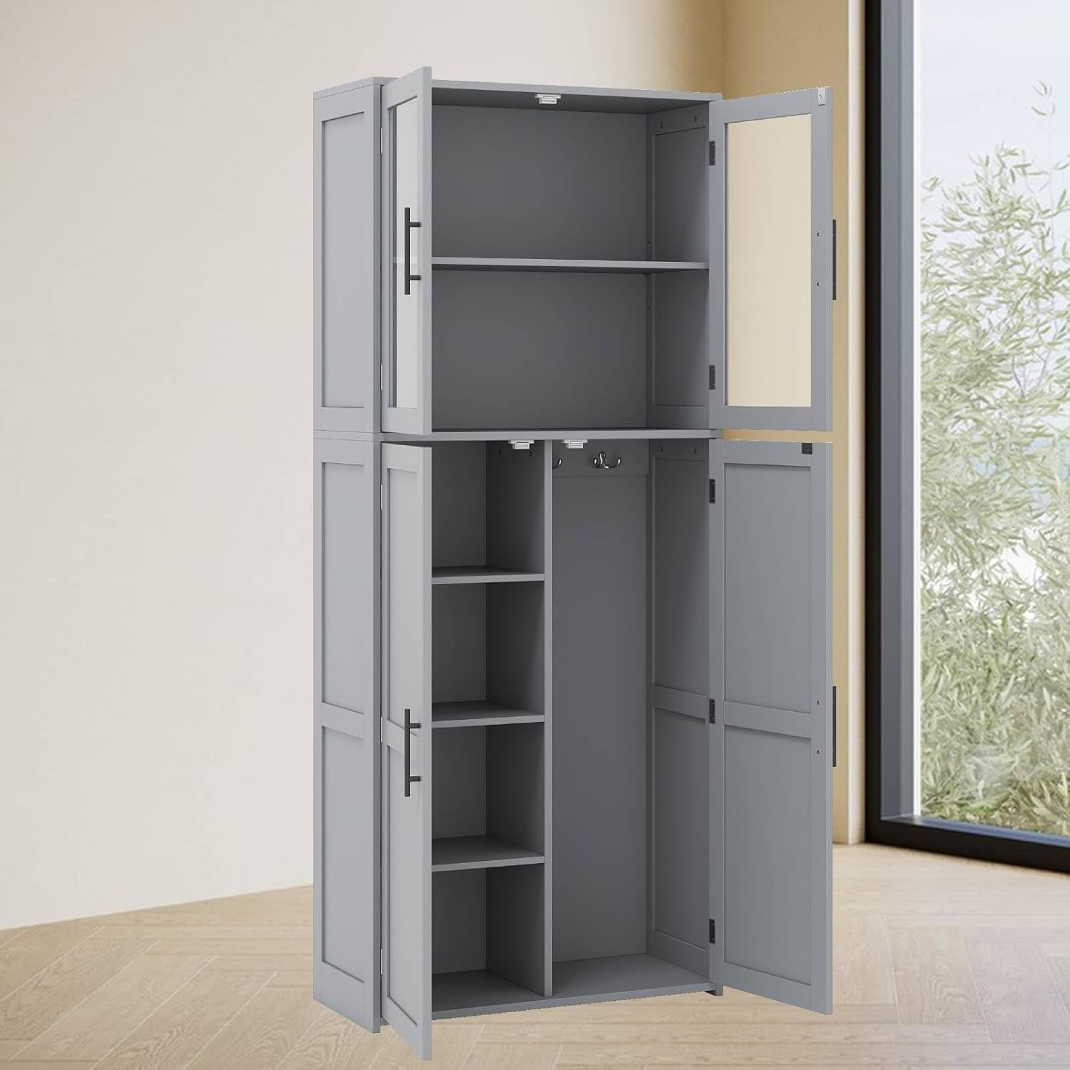 Tall Storage Cabinet Grey Adjustable Shelves Hook Unit