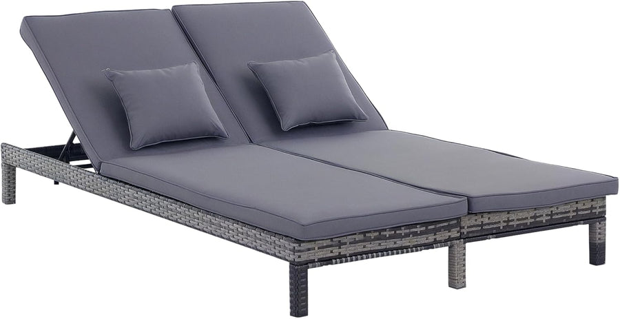 Double Rattan Sun Lounger 2 Seater Garden Daybed Grey Cushion