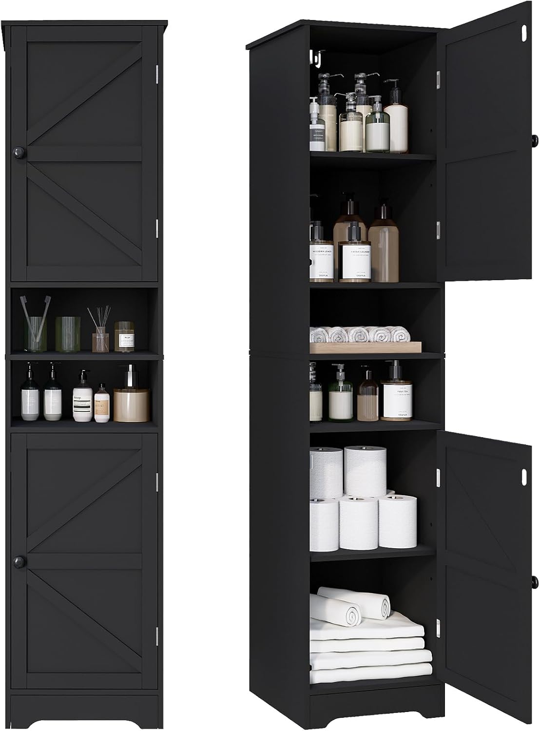 Tall Bathroom Storage Cabinet Slim Adjustable Shelf Black