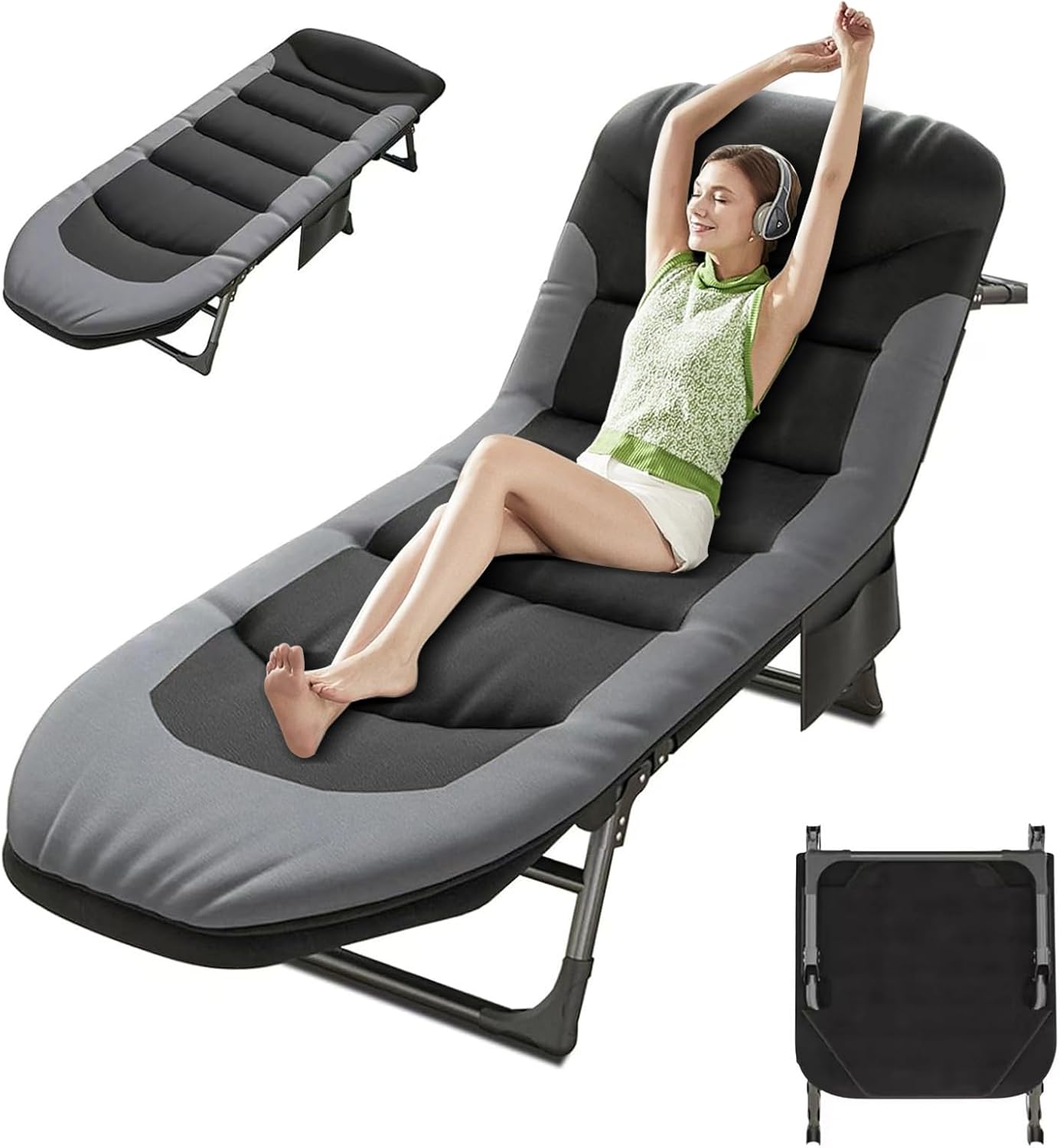 Foldable Sun Lounger Bed Black 6 Position Recliner