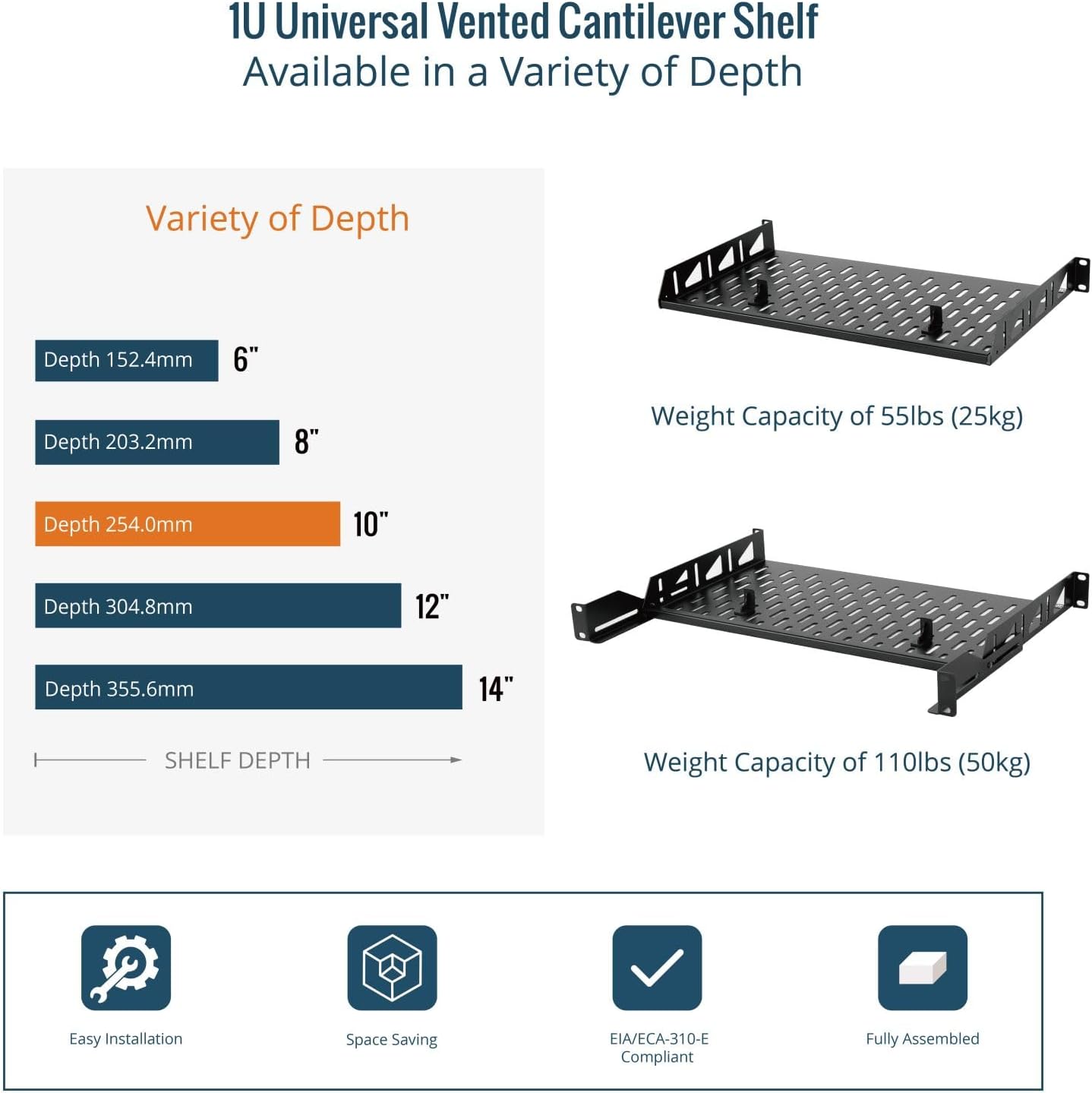 1U 19 Inch Rack Shelf 10in Depth with Support