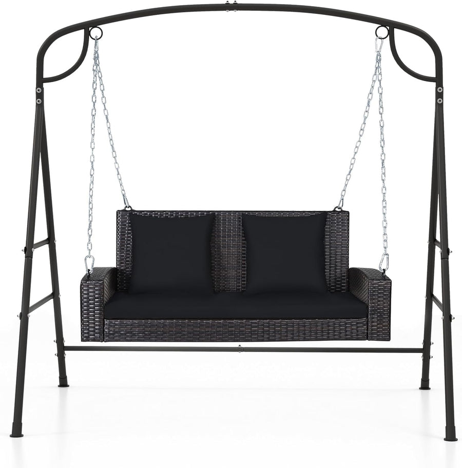 2 Seater Rattan Garden Swing Chair Set Black Stand