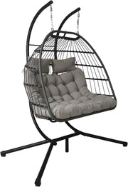Double Rattan Swing Chair with Stand Light Grey