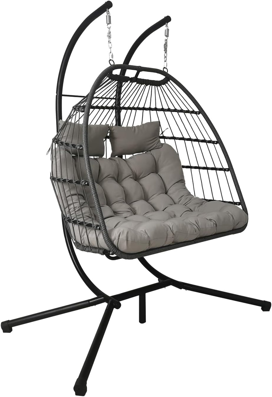 Double Rattan Swing Chair with Stand Light Grey