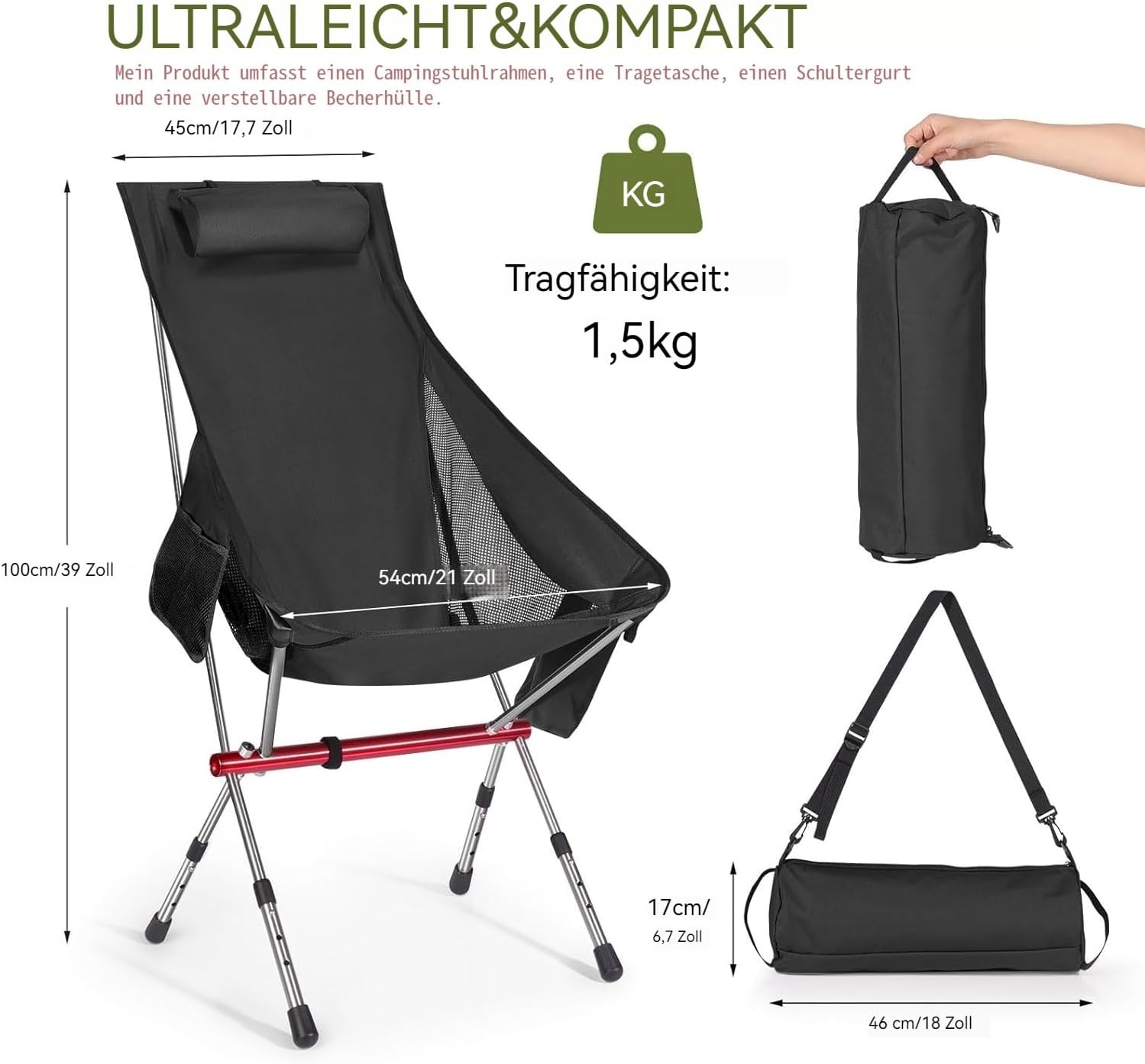 Foldable Camping Chair High Back Adjustable Black