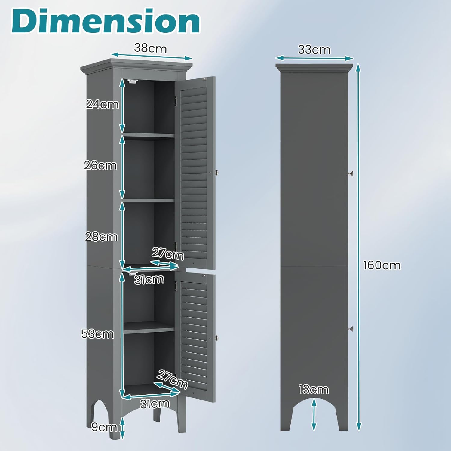 Grey Tall Bathroom Cabinet 5 Tier Double Door Storage