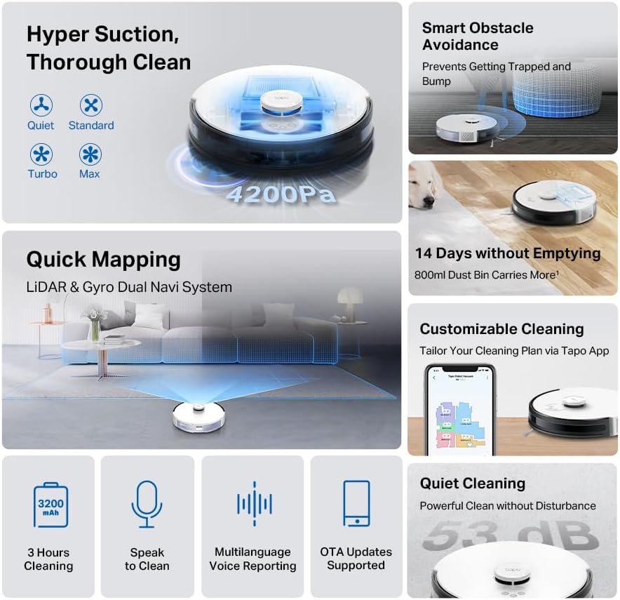 Robot Vacuum Cleaner 4200Pa Suction LiDAR Mapping Self Charging