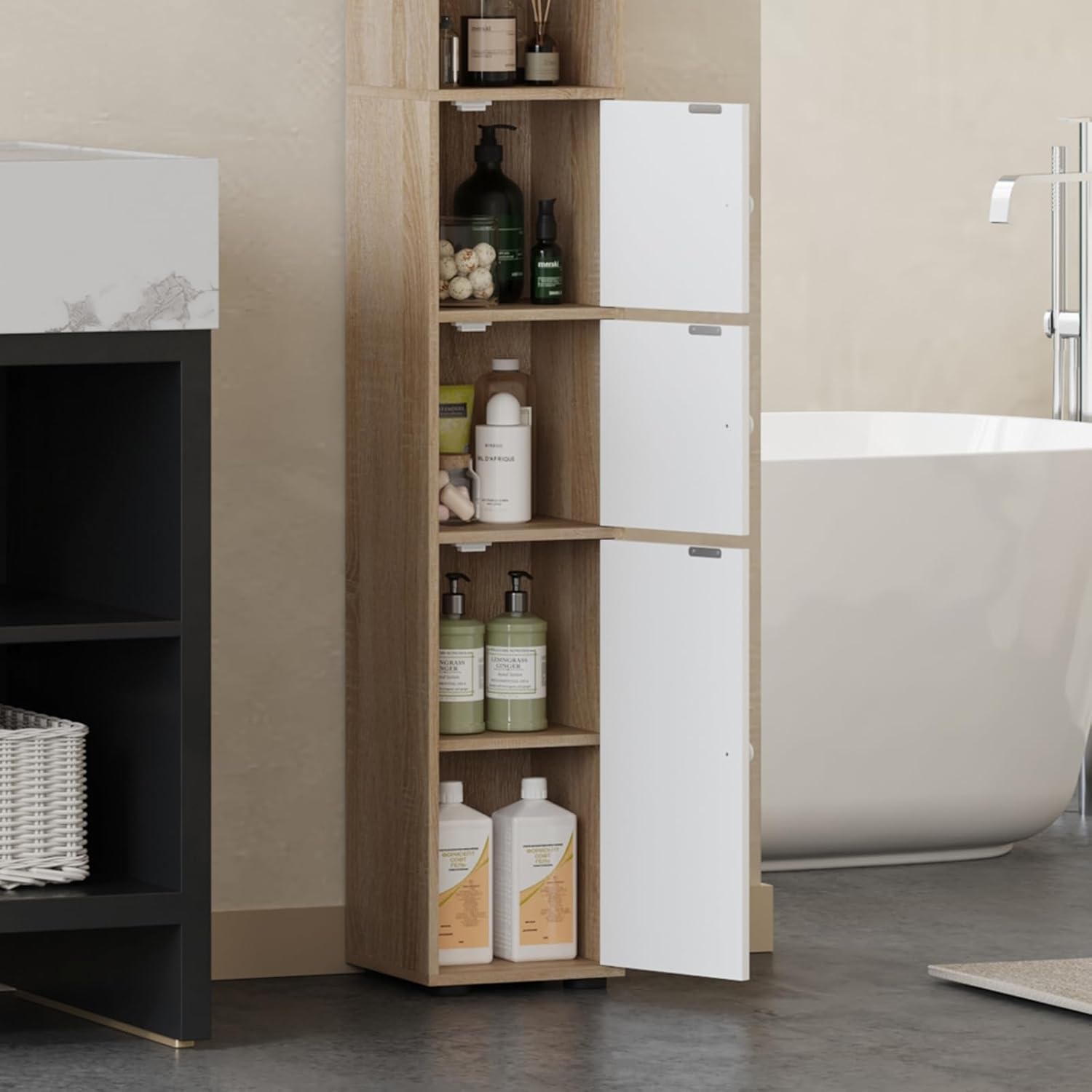 Tall Slim Bathroom Storage Cabinet White Walnut Door Unit