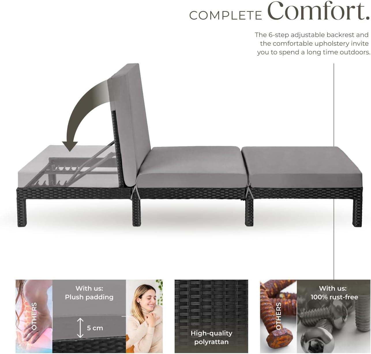 Luxury Rattan Sun Lounger 6 Position Cushion Black