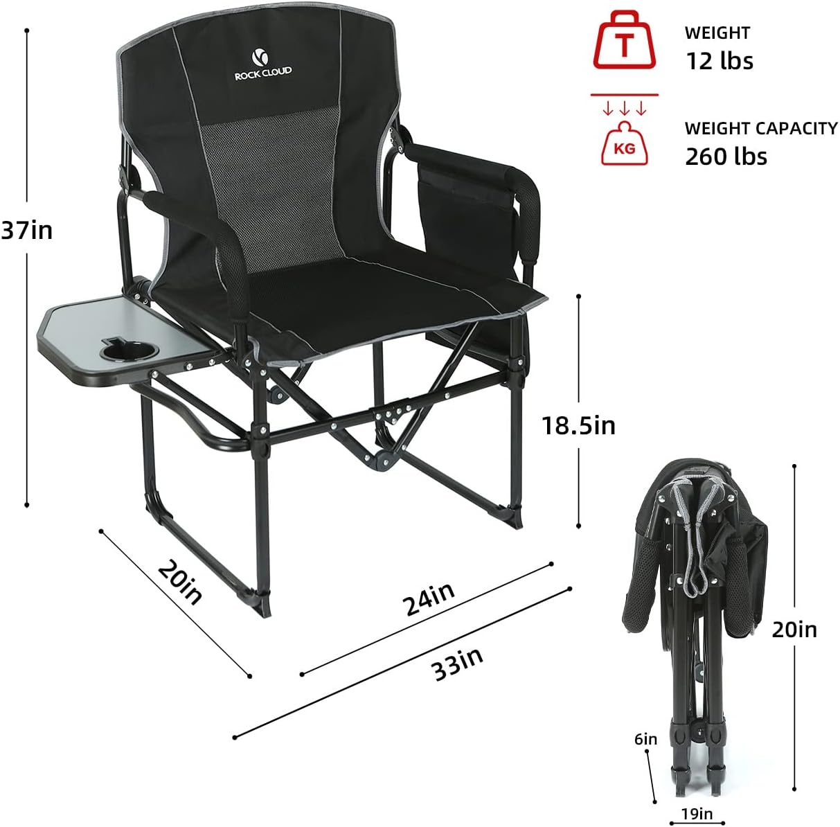 Folding Camping Chair with Side Table Portable Black