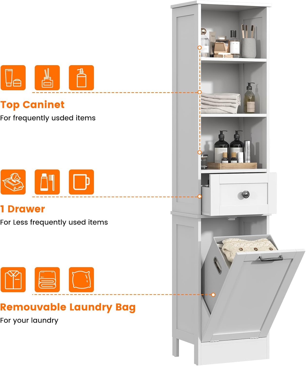 Tall Bathroom Cabinet Laundry Hamper Drawer Shelves White 170cm