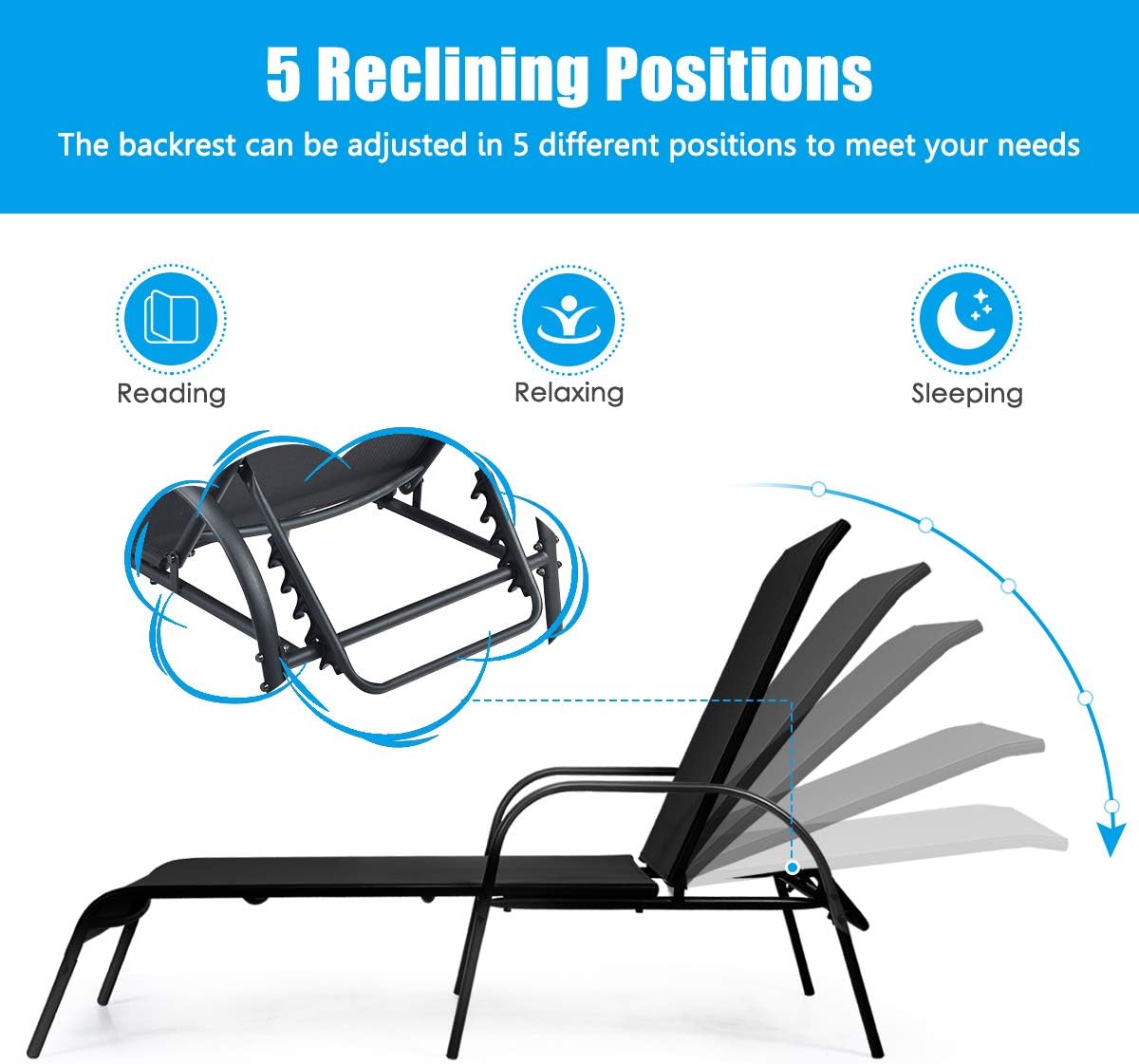 Garden Sun Lounger 5 Position Recliner Black 160kg