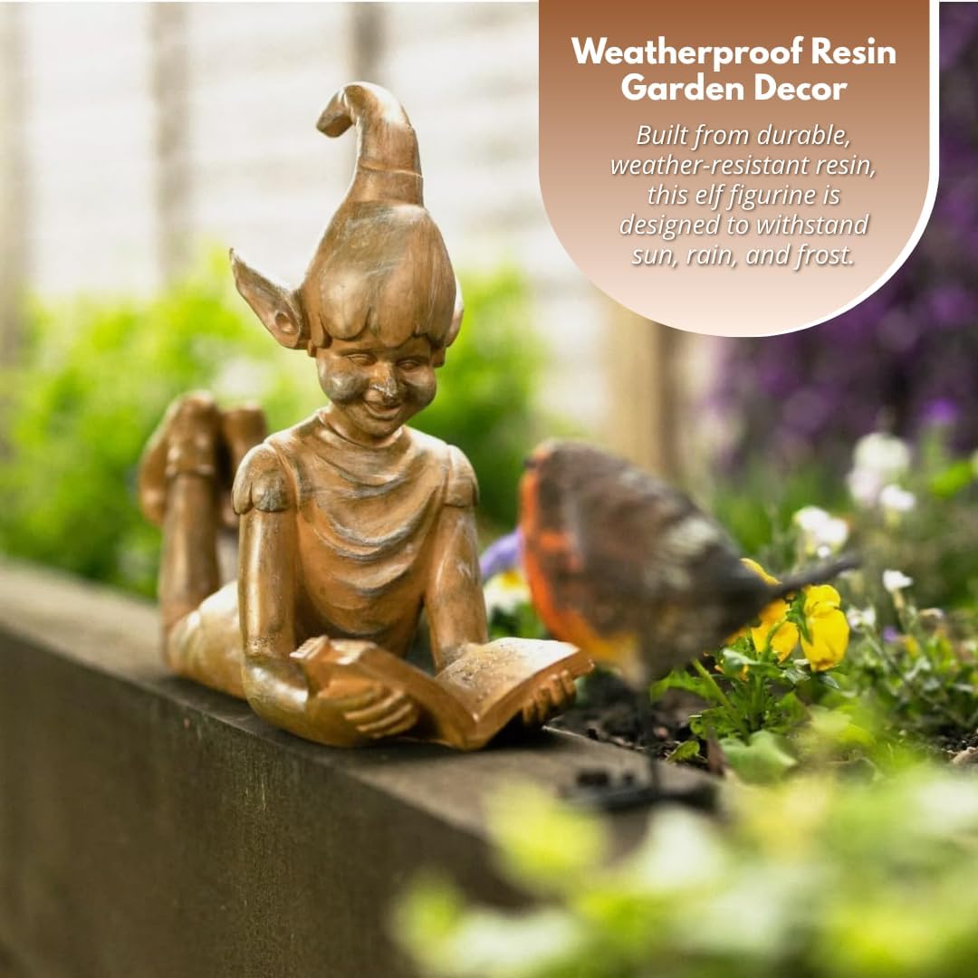 Elf Garden Statue Bronze Effect Resin Ornament Outdoor Decor