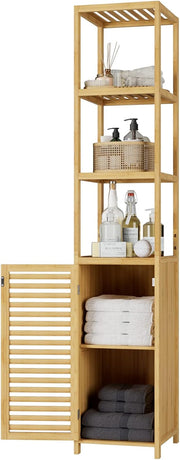 Tall Bamboo Bathroom Storage Cabinet 3 Shelves Door Natural