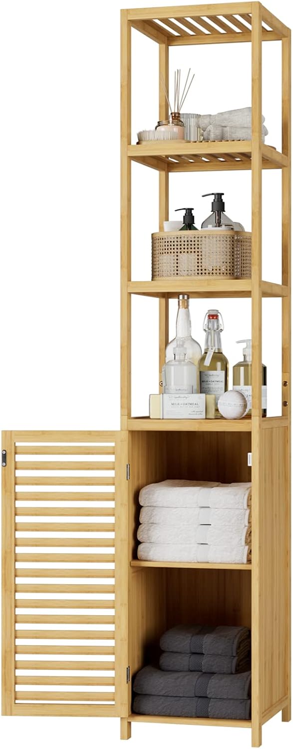 Tall Bamboo Bathroom Storage Cabinet 3 Shelves Door Natural