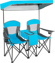 Double Camping Chair with Canopy Cooler Bag Cup Holders Blue