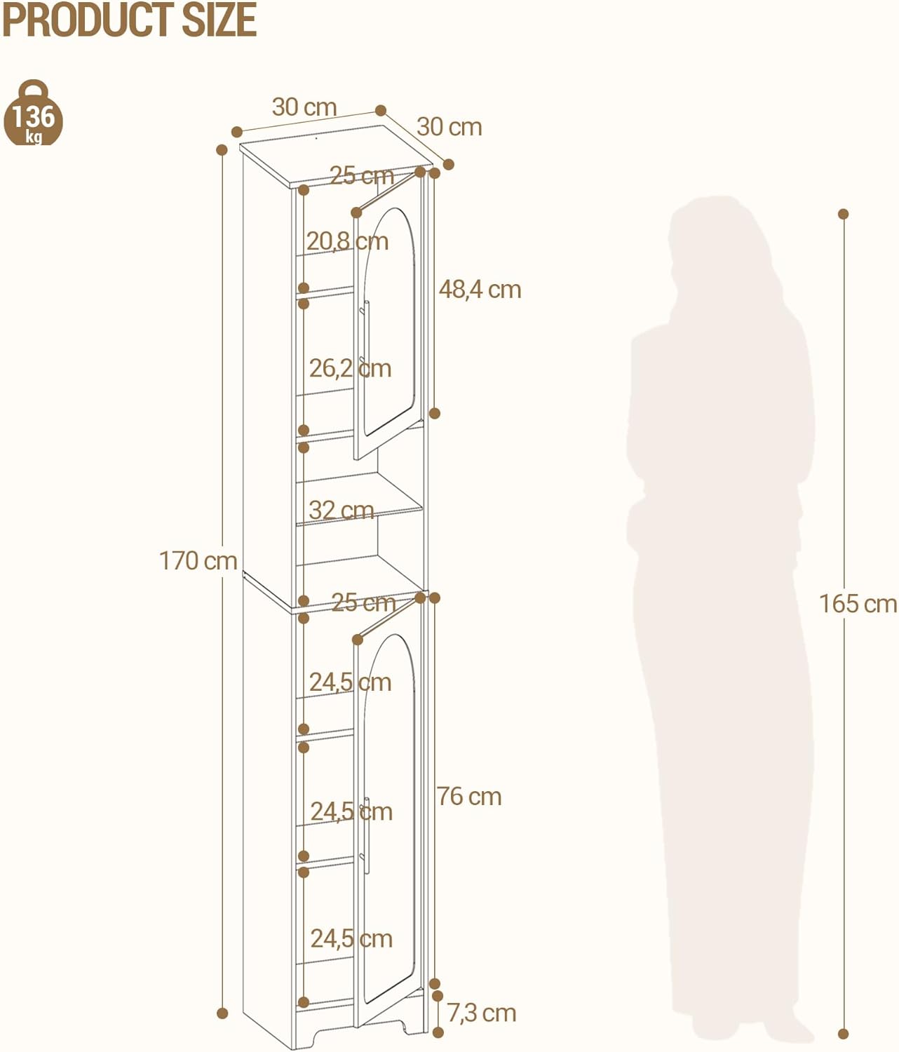 LED Tall Bathroom Storage Cabinet Remote Light Slim White 170cm