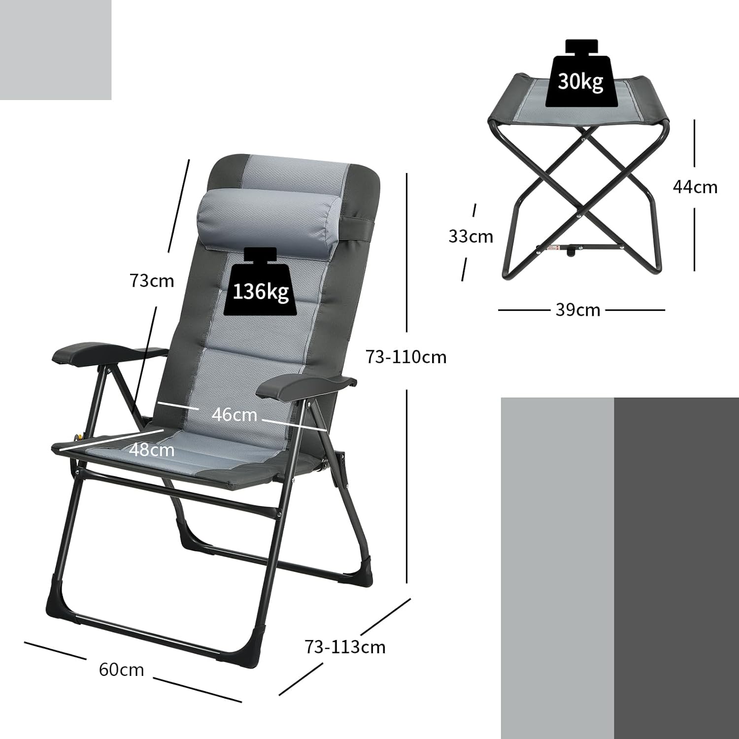 Set of 2 Reclining Camping Chairs with Footrests