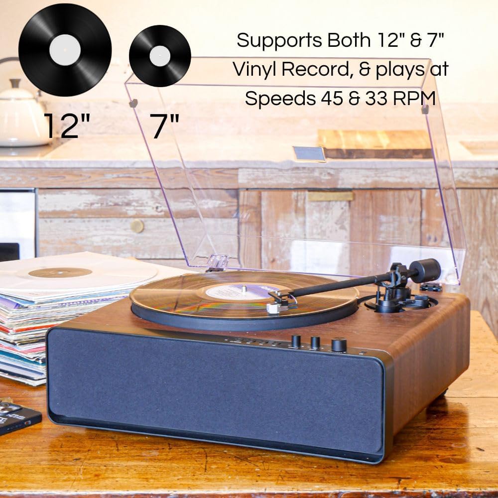 Walnut Record Player With 30W Speakers Bluetooth