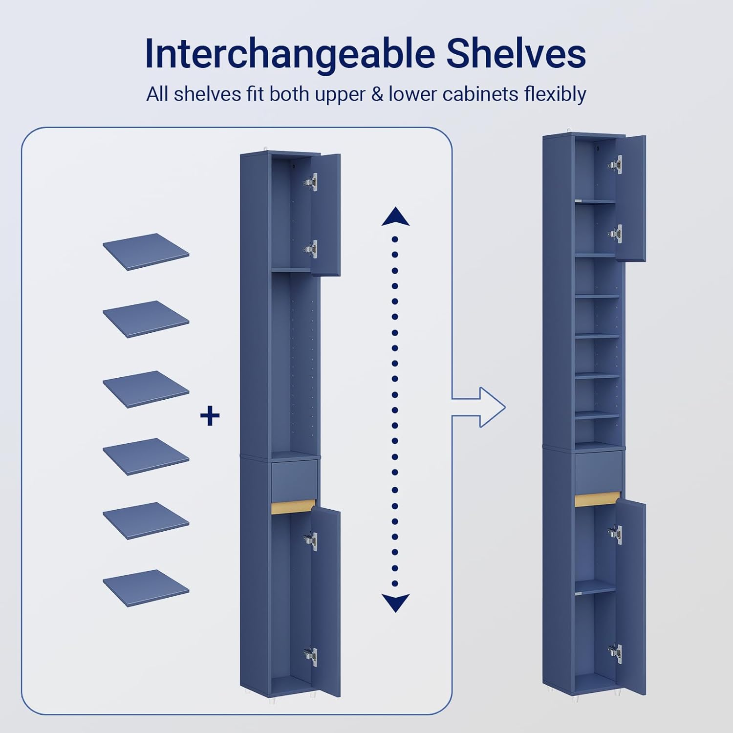 Tall Slim Bathroom Storage Cabinet 20cm Blue Drawer Shelves