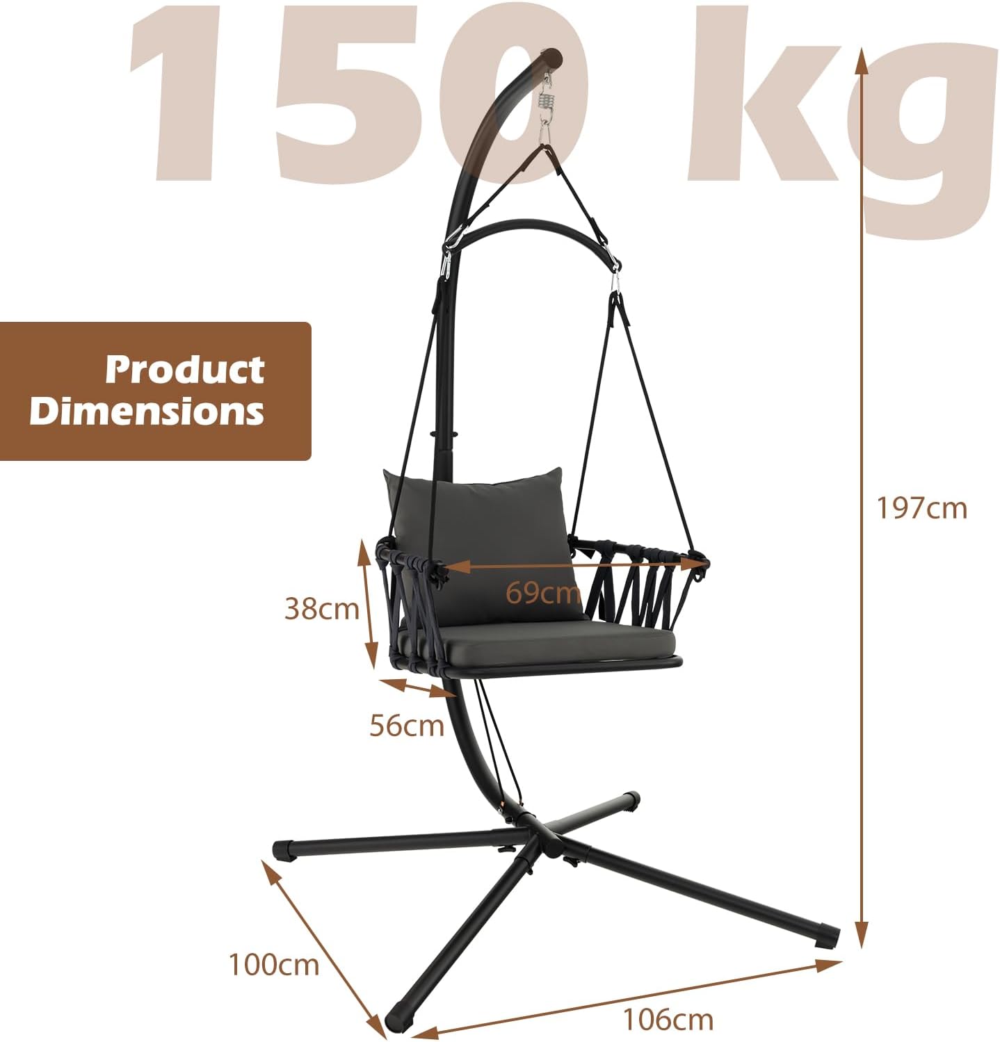 Hammock Swing Chair with Stand Cushion Indoor Outdoor Gray