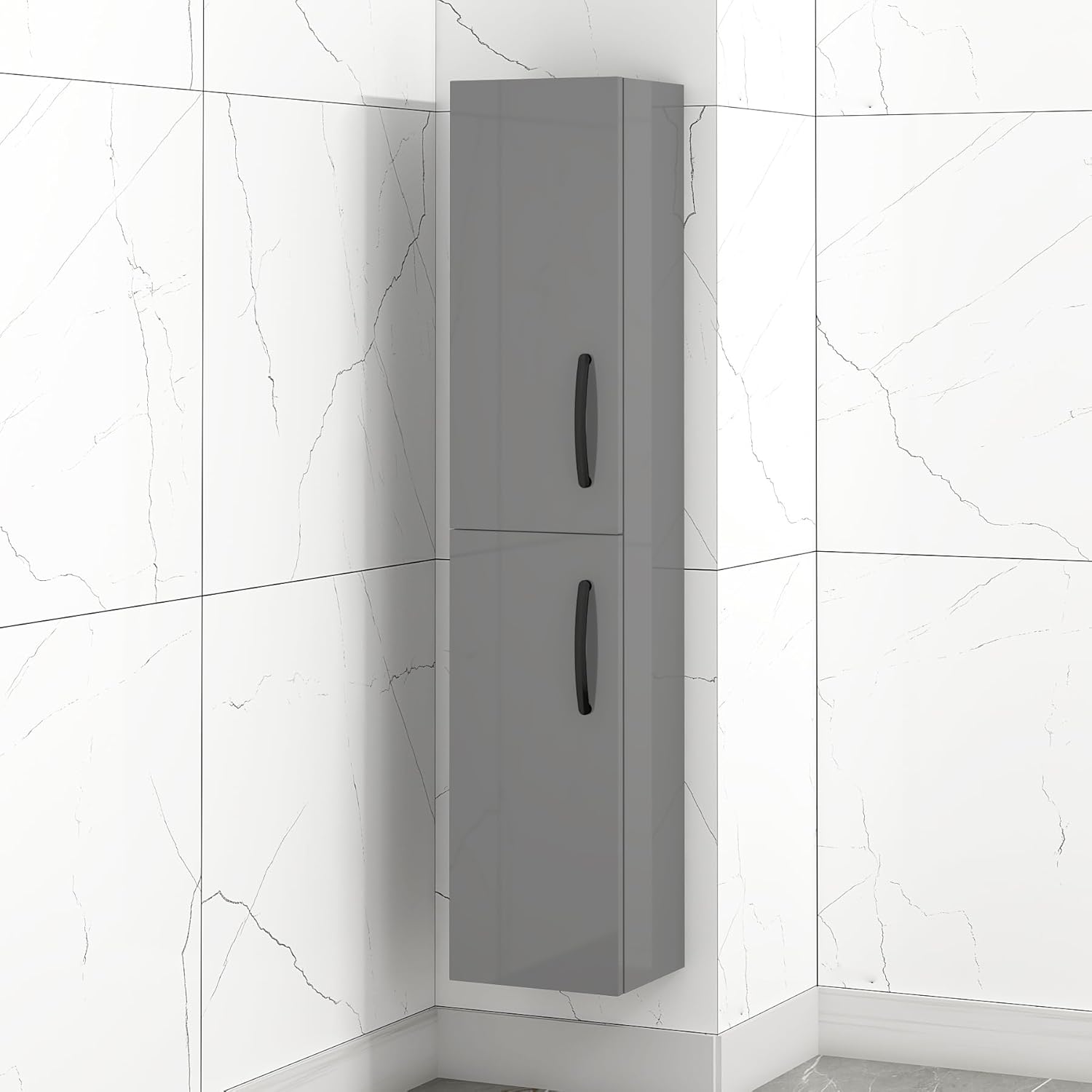 Grey Gloss Wall Hung Tall Bathroom Cabinet Black Handle