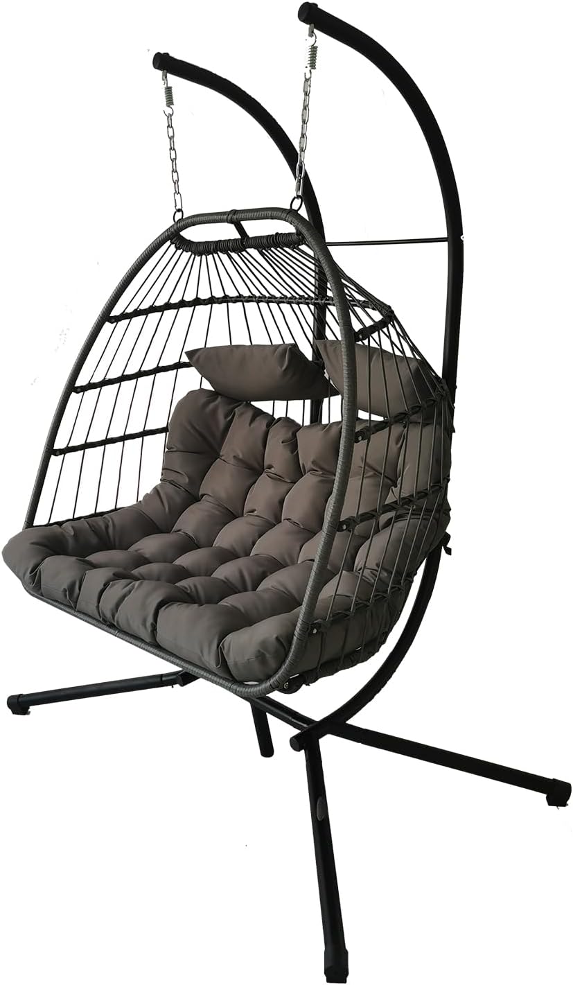 Double Egg Chair Swing Rattan Hanging Seat Stand Cushions Grey