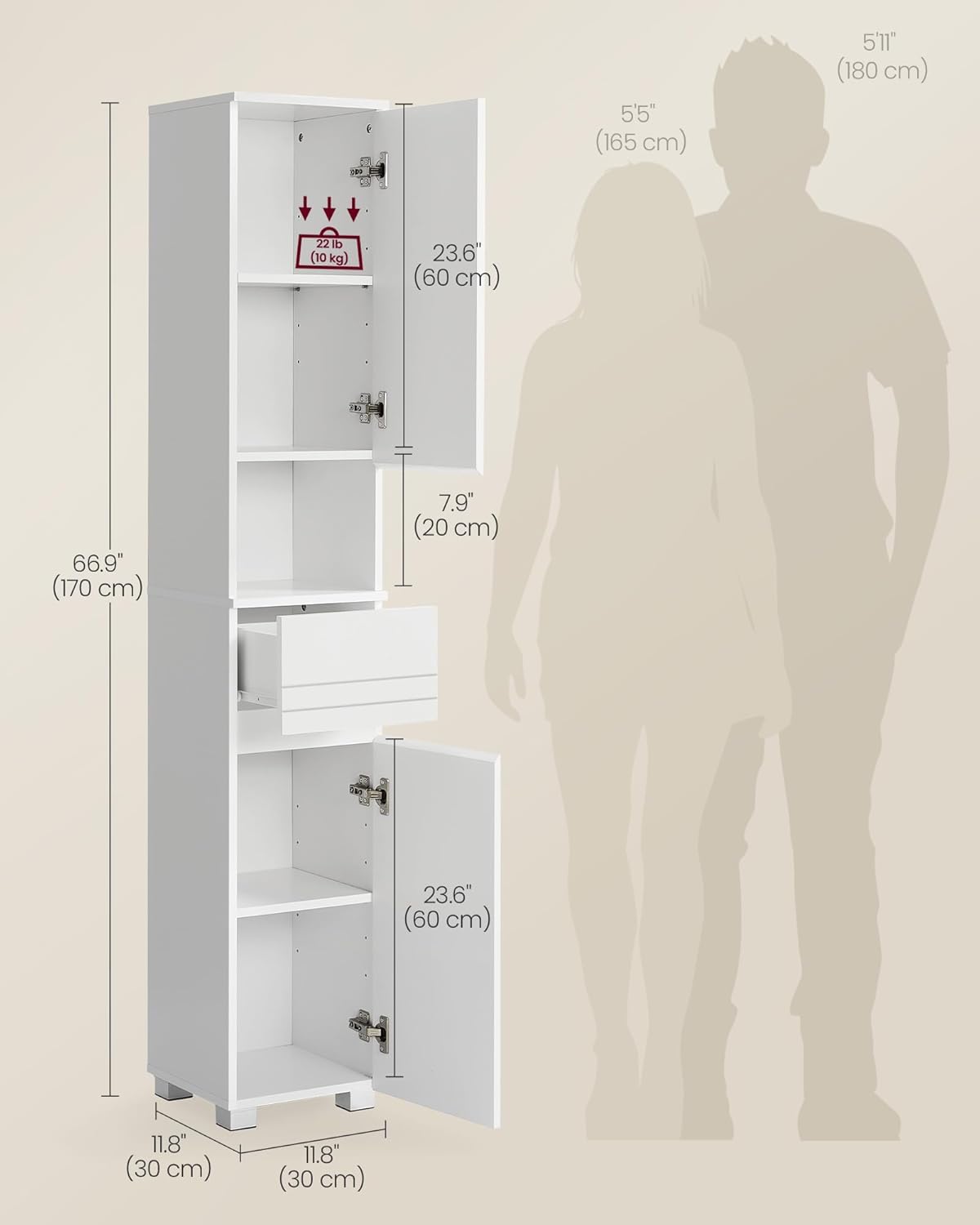 Tall Slim Bathroom Storage Cabinet Drawer Adjustable Shelves White 170cm