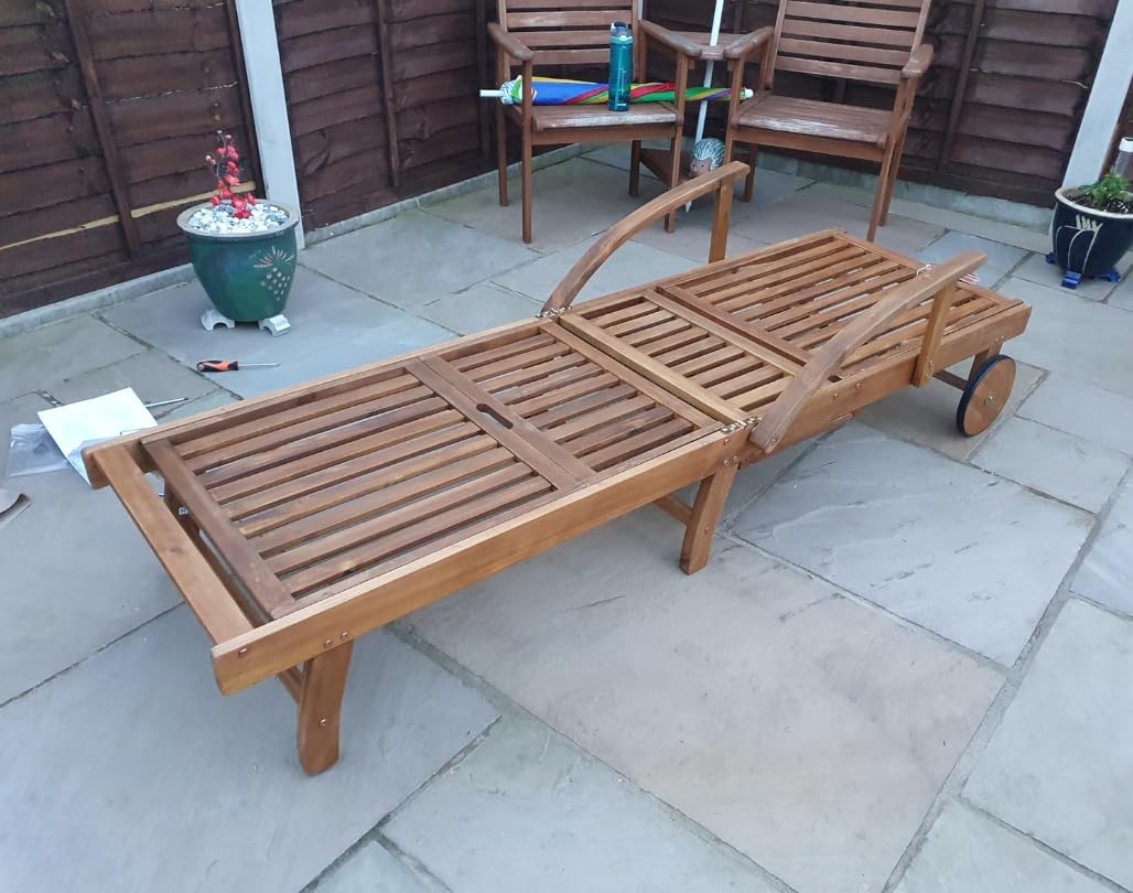 Acacia Wood Sun Lounger with Wheels Tray Adjustable