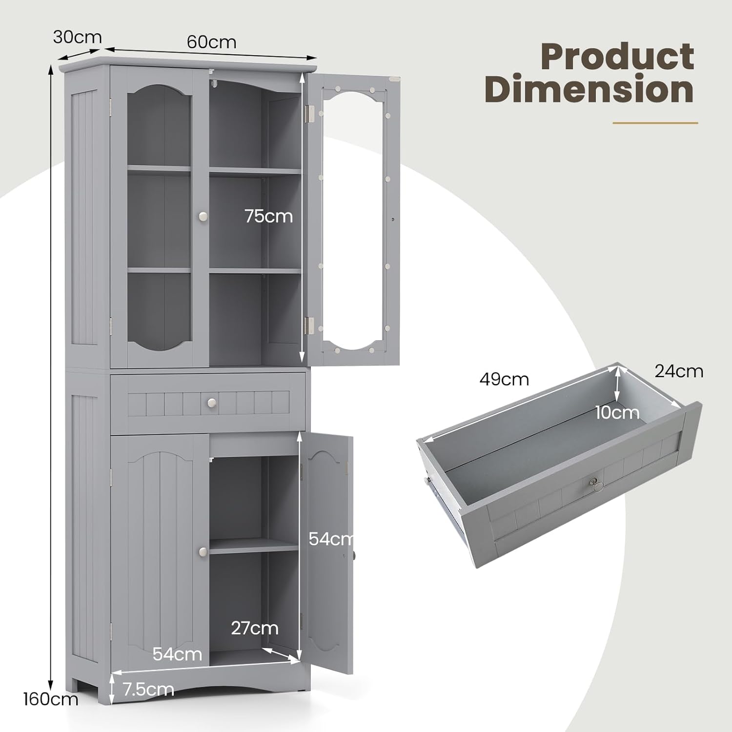Grey Tallboy Bathroom Storage Unit Glass Door Drawer Cabinet Shelf