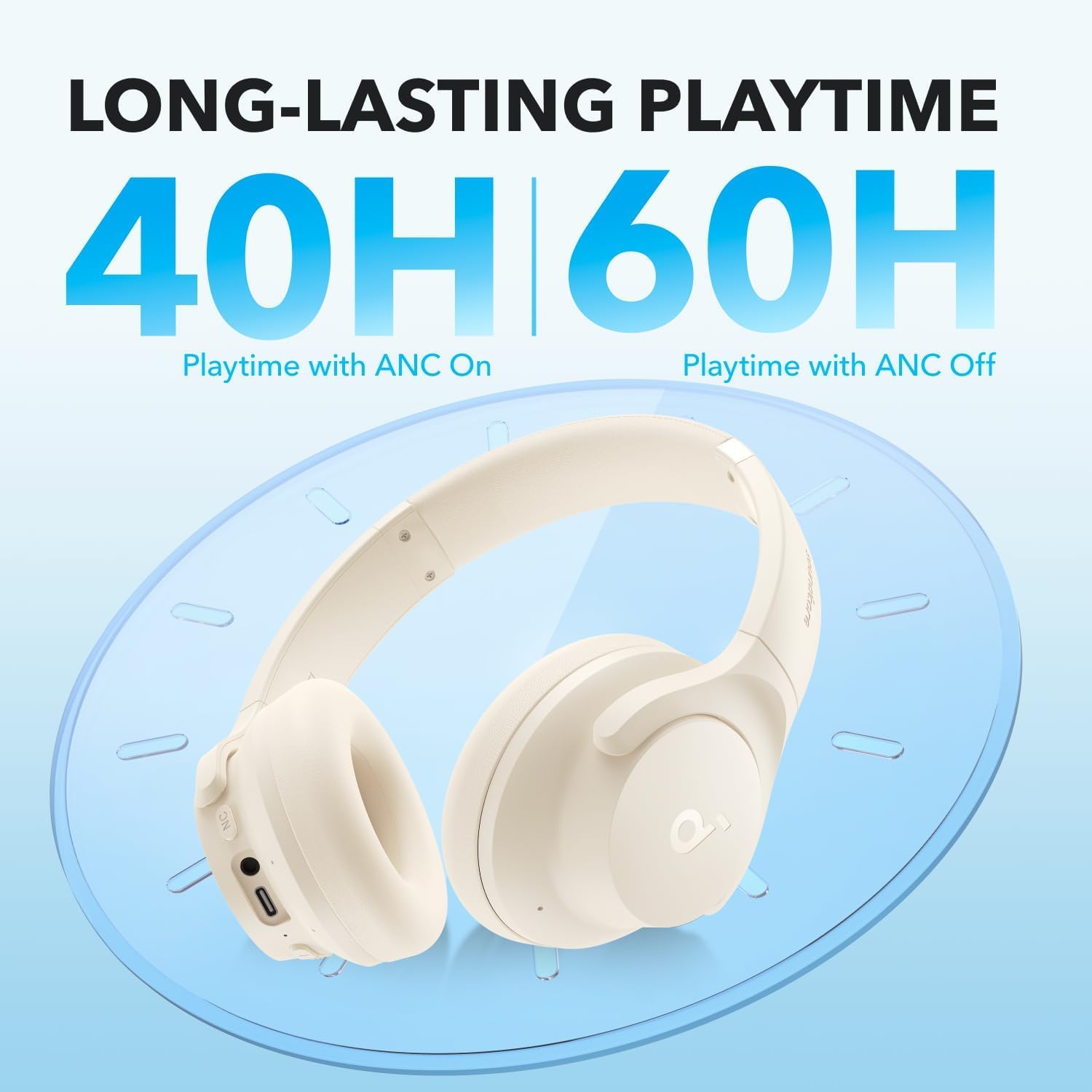White ANC Bluetooth Over Ear Headphones 40H Playtime Hi Res